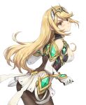  1girl ass athenawyrm bangs bare_shoulders black_legwear blonde_hair blush breasts chest_jewel cleavage cleavage_cutout clothing_cutout dress earrings elbow_gloves gem gloves hair_ornament headpiece highres jewelry large_breasts long_hair looking_at_viewer mythra_(xenoblade) pantyhose short_dress simple_background solo super_smash_bros. swept_bangs thigh_strap tiara white_background white_dress white_gloves xenoblade_chronicles_(series) xenoblade_chronicles_2 yellow_eyes 