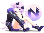  1girl adult_neptune ass bare_legs black_footwear black_jacket blush boots commentary_request d-pad d-pad_hair_ornament from_side full_body hair_between_eyes hair_ornament hand_on_own_knee head_on_knee hood hooded_jacket jacket kagura_ittou knees_up legs long_hair long_sleeves looking_at_viewer neptune_(series) no_pants purple_eyes purple_hair simple_background sitting smile solo spread_legs thighs upskirt very_long_hair white_background 