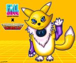  absurd_res ambiguous_gender black_sclera blue_eyes clothing costume crossover digimon digimon_(species) fall_guys fur gesture gloves handwear hi_res logo renamon signature sinharvester solo video_games waving yellow_body yellow_fur 