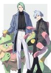  2boys alternate_costume artist_name belt black_footwear black_pants black_shirt buttons closed_mouth coat commentary_request cradily gen_3_pokemon green_hair grey_coat grey_hair highres long_sleeves ludicolo male_focus multiple_boys open_clothes open_coat pants parted_lips pokemon pokemon_(creature) pokemon_(game) pokemon_rse shirt shoes smile standing steven_stone wallace_(pokemon) watermark white_pants xia_(ryugo) 