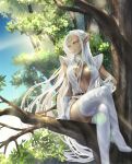  1girl absurdres boots breasts center_opening circlet closed_mouth crossed_legs dark_elf dark_skin dark_skinned_female day elf highres in_tree kotosuzu long_hair long_pointy_ears looking_away medium_breasts outdoors pirotess pointy_ears record_of_lodoss_war revealing_clothes sitting sitting_in_tree solo sunlight thigh_boots thighhighs tree very_long_hair white_hair yellow_eyes 