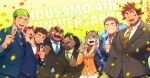  1girl 6+boys animal_ears anniversary ashigara_(tokyo_houkago_summoners) bandaid bandaid_on_cheek bandaid_on_nose bear_boy bear_ears black_hair black_suit blue_suit blush brown_eyes brown_fur brown_hair brown_suit carrying cow_boy cow_ears cow_horns cup dark_skin dark_skinned_male drinking_glass durga_(tokyo_houkago_summoners) english_text facial_hair fiery_horns forked_eyebrows formal fox_boy fox_ears furry glowing_horns goatee green_eyes green_hair gunzo_(tokyo_houkago_summoners) horns hozunomi kyuma_(tokyo_houkago_summoners) mature_male multicolored_hair multiple_boys muscular muscular_male necktie official_alternate_costume pectorals piggyback plump print_neckwear short_hair sideburns smile spiked_hair suit taurus_mask thick_eyebrows tiger_ears tiger_girl tokyo_houkago_summoners two-tone_hair wakan_tanka wine_glass yasuyori_(tokyo_houkago_summoners) 