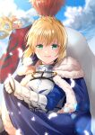  1boy 1girl ahoge armor artoria_pendragon_(all) back-to-back blonde_hair blue_bow blue_cape bow braid cape cape_grab closed_mouth cloud crown_removed emiya_shirou fate/grand_order fate_(series) gauntlets green_eyes hair_bow highres holding_crown iroha_(shiki) looking_at_viewer orange_hair saber sengo_muramasa_(fate) shiny shiny_hair short_hair sky smile upper_body 