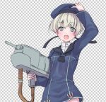  1girl black_neckwear blue_dress blue_eyes blue_headwear blue_sailor_collar checkered checkered_background commentary_request dress gun hat holding holding_clothes holding_hat itsumip kantai_collection looking_at_viewer machinery neckerchief sailor_collar sailor_dress sailor_hat short_hair silver_hair smile solo weapon work_in_progress z1_leberecht_maass_(kancolle) 