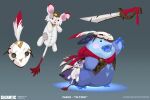  blue_body blue_eyes blue_fur blush clothed clothing doll feathers fur gigantic hi_res horn male mammal mask melee_weapon pakko red_nose simple_background solo surgical_suture sword teeth weapon yeti 