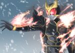  1boy absurdres armor bodysuit commentary_request cycloneactionx fire helmet highres kamen_rider kamen_rider_kuuga kamen_rider_kuuga_(series) kamen_rider_kuuga_(ultimate_form) male_focus open_hand pyrokinesis snow solo upper_body 