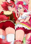  2girls animal_ears aqua_hair ass bike_shorts blush breasts brown_cape brown_hair cape clenched_teeth cure_chocolat cure_flamingo dog_ears dog_tail earrings from_behind hair_ornament highres jewelry kenjou_akira kirakira_precure_a_la_mode long_hair looking_back magical_girl medium_breasts multicolored_hair multiple_girls mutyakai precure puffy_sleeves purple_eyes red_eyes red_hair shiny shiny_hair short_hair shorts shorts_under_skirt skirt sweat tail takizawa_asuka teeth thighhighs tropical-rouge!_precure two-tone_hair very_long_hair white_legwear 