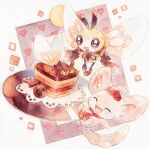  blush closed_eyes commentary_request dessert diamond_(shape) food gen_5_pokemon gen_7_pokemon hands_together hatted_pokemon heart minccino no_humans open_mouth pokemon pokemon_(creature) red_headwear ribombee rrrpct smile tongue |d 