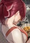  1girl alternate_costume alternate_hairstyle apron breasts commentary cooking from_behind hair_ribbon hidden_face highres hololive houshou_marine indoors long_hair medium_breasts musunde_hiraite_(mh5jta) nape neck ponytail pot red_hair red_ribbon ribbon solo virtual_youtuber 