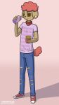  anthro black_nose bottomwear brown_body brown_eyebrows brown_eyes brown_fur canid canine canis clothed clothing collar denim denim_clothing domestic_dog ear_piercing eating eyebrows food footwear freckles fries fur gauged_ear hair hi_res jeans looking_at_viewer male mammal mcdonald&#039;s milkshake orbitalis pants piercing pink_background pink_clothing pink_hair pink_shirt pink_tail pink_topwear shirt shoes simple_background sneakers solo t-shirt text topwear torn_bottomwear torn_clothing torn_jeans torn_pants url 