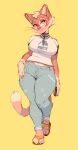  2017 anthro big_breasts bottomwear breasts bypbap clothed clothing denim denim_clothing digital_media_(artwork) domestic_cat ear_piercing effie_(bypbap) english_text eyelashes eyewear felid feline felis female footwear fully_clothed fur glasses green_eyes hair hi_res jeans jewelry mammal necklace pants piercing pink_body pink_fur sandals shirt simple_background smile solo text text_on_clothing text_on_shirt text_on_topwear topwear whiskers white_clothing white_shirt white_topwear wide_hips yellow_background 