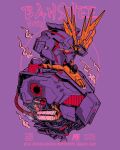  character_name english_commentary from_side gundam gundam_unicorn highres looking_down machinery mecha mobile_suit no_arms no_humans orange_eyes purple_background purple_theme science_fiction solo stunning_warrior unicorn_gundam_banshee upper_body v-fin 