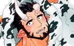 1boy animal_costume animal_ears bara beard black_hair blush broken_horn chinese_zodiac close-up cow_boy cow_costume cow_ears cow_horns demon_boy demon_horns face facial_hair fake_animal_ears highres hood hoodie horns kizami_nori_to_yamaimo live_a_hero looking_at_viewer male_focus mature_male muscular muscular_male nessen_(live_a_hero) pointy_ears short_hair smile solo thick_eyebrows white_hoodie year_of_the_ox 