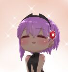  1girl =_= bangs bare_shoulders black_bodysuit blush bodysuit brown_background chibi closed_eyes dark_skin dark_skinned_female eyebrows_visible_through_hair facing_viewer fate/prototype fate/prototype:_fragments_of_blue_and_silver fate_(series) glint gradient gradient_background hair_between_eyes hassan_of_serenity_(fate) i.u.y purple_hair smile solo sparkle upper_body white_background 