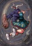 1girl 2b-ge ambiguous_red_liquid animal_ears aqua_dress blue_hair bunny_ears bunny_tail dress full_body highres long_hair looking_at_viewer looking_back mallet moon_print puffy_short_sleeves puffy_sleeves red_eyes seiran_(touhou) short_sleeves solo star_(symbol) star_print swinging tail touhou white_legwear 