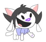  black_hair canid canine canis clothed clothed_feral clothing domestic_cat domestic_dog felid feline felis female feral fur gurumicat hair hybrid low_res mammal open_mouth open_smile pawpads shirt simple_background smile solo tem temmie_(undertale) topwear undertale video_games white_background white_body white_fur 