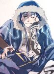  1boy ayataka_(321ayataka) blue_hair bracelet capelet closed_mouth cu_chulainn_(fate)_(all) cu_chulainn_(fate/grand_order) fate/grand_order fate_(series) fur-trimmed_hood fur_trim grin head_rest highres hood hood_up hooded_capelet jewelry long_hair looking_at_viewer male_focus one_eye_closed simple_background sitting smile solo white_background 