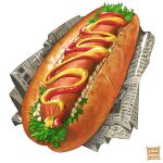  bread bread_bun cocomeen dessert food food_focus hot_dog ketchup lettuce meat mustard newspaper no_humans original realistic sauce sausage simple_background still_life vegetable white_background 