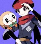  aela_(artist) asian_clothing blush bow_tie clothing duo east_asian_clothing feral hat headgear headwear human japanese_clothing kimono male mammal nintendo pok&eacute;mon pok&eacute;mon_(species) pokemon_legends_arceus rowlet scarf tipping_hat video_games 