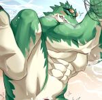  abs anthro beach biceps blush bound chung0_0 crocodile crocodilian crocodylid eyes_closed eyewear feet green_body hands_tied hi_res league_of_legends lifeguard male muscular muscular_anthro muscular_male nipples pecs renekton reptile riot_games scalie seaside slit solo spread_legs spreading struggling sunglasses teeth video_games water wet 