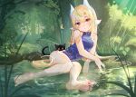  1girl animal_ears bangs bare_legs bare_shoulders barefoot black_cat blonde_hair blue_dress blush breasts cat china_dress chinese_clothes commentary_request day dress eyebrows_visible_through_hair eyes_visible_through_hair feet forest highres long_hair looking_at_viewer lying moyamoya_(moya11158375) multicolored multicolored_eyes nature on_side original partially_submerged plant pond purple_eyes sidelocks signature small_breasts solo toes tree very_long_hair water yellow_eyes 