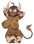  1girl animal_print arms_behind_head bell breasts brown_hair collar cow_girl cow_horns cow_print cow_tail dark_skin dark_skinned_female eyebrows_visible_through_hair glasses highres horns huge_breasts multicolored_hair navel neck_bell nipples nude original red_collar simple_background slugbox solo symbol_commentary tail thighhighs two-tone_hair white_background white_hair white_legwear 