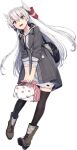  1girl amatsukaze_(kancolle) backpack bag black_jacket black_legwear blush boots brown_eyes brown_footwear full_body hair_between_eyes hair_tubes holding jacket kantai_collection knee_boots long_hair long_sleeves official_alternate_costume official_art open_mouth shizuma_yoshinori silver_hair smile solo thighhighs transparent_background two_side_up windsock 