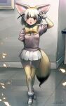  1girl absurdres animal_ears arm_behind_back bangs blonde_hair blunt_bangs bow bowtie brown_hair commentary elbow_gloves eyebrows_visible_through_hair fennec_(kemono_friends) fox_ears fox_girl fox_tail full_body gloves hand_up highres indoors kemono_friends looking_at_viewer multicolored_hair open_mouth pink_shirt pleated_skirt shirt short_hair short_sleeves signature skirt solo standing tail thigh_gap thighhighs tile_floor tiles two-tone_hair w welt_(kinsei_koutenkyoku) white_gloves white_hair white_skirt yellow_bow yellow_legwear yellow_neckwear zettai_ryouiki 