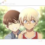  2boys ^_^ amuro_tooru bandaid bandaid_on_nose bangs blonde_hair blue_shirt blurry blurry_background blush brown_hair child closed_eyes closed_mouth commentary english_text eyebrows_visible_through_hair grin hair_between_eyes hand_on_another&#039;s_shoulder happy happy_birthday highres looking_to_the_side male_focus meitantei_conan multiple_boys niina_1oo9 pennant portrait red_shirt scotch_(meitantei_conan) shirt short_hair sideways_glance signature sleeveless sleeveless_shirt smile string_of_flags teeth younger 