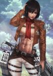  1girl abs absurdres bangs black_hair breasts cloud cloudy_sky cropped_jacket day hair_between_eyes highres holding holding_weapon jacket lips mikasa_ackerman monori_rogue muscular muscular_female no_bra outdoors pants red_scarf scarf shingeki_no_kyojin short_hair sky solo three-dimensional_maneuver_gear weapon 