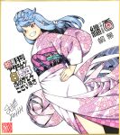  1girl :d blue_hair cherry_blossom_print commentary_request floral_print grin hamada_yoshikazu hand_on_hip highres japanese_clothes kimono kiriha_(tsugumomo) long_hair looking_at_viewer obi official_art open_mouth pink_kimono pointy_ears red_eyes sash shikishi signature simple_background smile solo tsugumomo white_background white_nails 