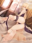  1girl ass barefoot black_panties breasts cameltoe commentary_request dress feet girls_frontline hair_between_eyes highres indoors large_breasts leg_garter light_brown_hair long_hair looking_at_viewer looking_back ots-14_(girls_frontline) panties soles solo thighs toenails toes underwear yellow_eyes zynxy 
