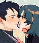  1boy 1girl bangs black_hair blue_eyes blue_hair brown_eyes byleth_(fire_emblem) byleth_(fire_emblem)_(female) close-up closed_mouth commentary couple dagger eva_smith eye_contact eyebrows_visible_through_hair felix_hugo_fraldarius fire_emblem fire_emblem:_three_houses from_side hair_between_eyes hetero holding holding_weapon imminent_kiss lips long_hair long_sleeves looking_at_another parted_lips shirt simple_background smile sweater symbol_commentary turtleneck weapon 