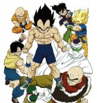  6+boys abs absurdres aqua_hair bald bike_shorts black_eyes black_hair blonde_hair blue_legwear blue_shirt cape chaozu clenched_hands clenched_teeth closed_eyes closed_mouth dougi dragon_ball dragon_ball_z fighting_stance fingernails green_footwear highres indian_style interlocked_fingers kuririn long_sleeves male_focus meditation mudra multiple_boys muscular official_art orange_pants outstretched_arm own_hands_together pants pectorals piccolo pointy_ears red_footwear red_neckwear scar scar_across_eye scar_on_arm scar_on_cheek scar_on_chest scar_on_face scar_on_leg shirt shirtless shoes short_sleeves simple_background sitting sleeveless sleeveless_shirt sneakers socks son_gohan son_goku spiked_hair super_saiyan super_saiyan_1 sweat sweatpants teeth tenshinhan third_eye toriyama_akira training turban v-shaped_eyebrows vegeta white_background white_cape wristband yamcha yellow_shirt 