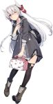  1girl amatsukaze_(kancolle) backpack bag black_jacket black_legwear blush boots brown_eyes brown_footwear full_body hair_between_eyes hair_tubes holding jacket kantai_collection knee_boots long_hair long_sleeves official_alternate_costume official_art one_eye_closed open_mouth shizuma_yoshinori silver_hair solo thighhighs torn_clothes torn_jacket torn_legwear transparent_background two_side_up windsock 