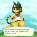 absurd_res animal_crossing ankha_(animal_crossing) anthro domestic_cat dwn000 felid feline felis female genitals hi_res mammal nintendo pussy short_stack solo speech_bubble text thick_thighs video_games wide_hips 