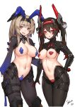  2girls animal_ears bangs bianca_(punishing_grey_raven) black_hair breasts brown_hair bunny_ears cameltoe cowboy_shot fake_animal_ears forehead_protector gradient_hair green_eyes heart heart-shaped_pupils highres large_breasts long_sleeves lucia_(punishing:_gray_raven) maebari medium_breasts meme_attire multicolored_hair multiple_girls navel pasties ponytail punishing:_gray_raven red_eyes red_hair reverse_bunnysuit reverse_outfit simple_background stmaster symbol-shaped_pupils thigh_pouch twintails white_background 