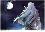  1boy blurry blurry_foreground border character_name floating_hair full_moon gun handgun long_hair male_focus monicanc moon night silver_hair solo tales_of_(series) tales_of_zestiria tattoo topless tree very_long_hair weapon white_border zaveid_(tales) 