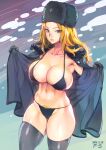  1girl areola_slip areolae bikini black_bikini black_gloves black_hair blonde_hair blue_eyes breasts covered_nipples eyebrows_visible_through_hair eyes_visible_through_hair f.s. fur_hat gloves hat highres kolin large_breasts open_clothes pubic_hair pubic_hair_peek shiny shiny_skin solo street_fighter street_fighter_v swimsuit thick_thighs thighhighs thighs toned undressing ushanka 