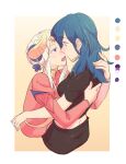  2girls back bangs black_shirt blue_eyes blue_hair blush breasts byleth_(fire_emblem) byleth_(fire_emblem)_(female) closed_mouth collared_dress commentary_request couple dress edelgard_von_hresvelg eye_contact eyebrows_visible_through_hair face-to-face fire_emblem fire_emblem:_three_houses from_side hair_between_eyes hat highres hug imminent_kiss long_hair long_sleeves looking_at_another multiple_girls open_mouth puffy_long_sleeves puffy_sleeves purple_eyes red_dress riromomo shirt short_sleeves sidelocks simple_background white_background white_hair yellow_background yuri 
