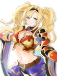  1girl armor bangs belt belt_buckle black_hairband blonde_hair blue_eyes blue_skirt bra braid breasts brown_belt buckle closed_mouth cowboy_shot granblue_fantasy hair_intakes hairband large_breasts long_hair long_sleeves looking_at_viewer midriff red_armor red_bra ruwo_benzen shawl sidelocks single_braid skirt solo twintails underwear zeta_(granblue_fantasy) 