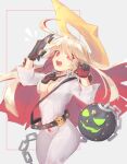  1girl ankh belt_buckle blonde_hair bodysuit breasts buckle chain cleavage gloves guilty_gear gyae_(rladpdnjs29) halo jack-o&#039;_valentine long_hair looking_at_viewer multicolored_hair open_mouth red_eyes red_hair white_bodysuit 