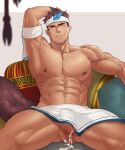  1boy abs armpits bara brown_hair chest_hair cum dark_skin dark_skinned_male ejaculation facial_hair feet_out_of_frame flaccid full_service_(mazjojo) hand_on_own_head headband highres large_pectorals looking_at_viewer male_focus mature_male muscular muscular_male navel navel_hair nipples nude oki_ardana osmond pelvic_curtain penis short_hair sitting solo spread_legs stomach stubble testicles thick_thighs thighs veins 