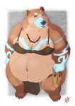  2020 5_toes anthro arm_markings armband belly belt big_belly big_breasts biped bjorn_(sturattyfur) blue_body blue_eyes blue_fur blue_markings border bottomwear bra breasts brown_bear brown_body brown_fur chest_markings claws cleavage clothed clothing crossgender curvy_figure dated deep_navel digital_media_(artwork) druid eyelashes facial_markings feet female fist full-length_portrait fur fur_markings grizzly_bear head_markings hi_res jewelry knife loincloth looking_at_viewer magic_user mammal markings midriff mtf_crossgender multicolored_body multicolored_fur navel necklace obese obese_anthro obese_female overweight overweight_anthro overweight_female portrait rune runes scabbard signature simple_background skimpy solo standing thick_thighs toe_claws toes tribal tribal_markings tribal_spellcaster ukabor underwear ursid ursine voluptuous weapon white_border wide_hips 