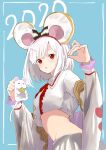  1girl 2020 animal animal_ears black_bow blush bow bow_hairband crop_top granblue_fantasy hair_ornament hairband hairclip highres holding holding_animal long_sleeves looking_at_viewer midriff mouse mouse_ears parted_lips red_eyes red_hairband ruwo_benzen shadow_puppet shirt short_hair skirt solo striped striped_bow vikala_(granblue_fantasy) white_hair white_shirt white_skirt wide_sleeves 