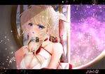  1girl absurdres artist_name azur_lane bare_shoulders blonde_hair blue_eyes breasts chinese_clothes chinese_new_year choker cleavage_cutout clothing_cutout dress eyebrows_visible_through_hair flower glorious_(azur_lane) glorious_(pungent_plum)_(azur_lane) hair_ornament hair_stick highres huge_filesize indoors kanzashi large_breasts long_hair nako_nya neckwear official_alternate_costume open_clothes open_dress petals red_choker red_dress solo tied_hair white_flower 