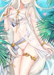  1girl aiguillette arknights bare_legs bikini bracelet breasts chinese_commentary closed_mouth collarbone criss-cross_halter dakimakura_(medium) dress facing_viewer from_above halterneck hand_in_hair head_out_of_frame horse_tail jewelry jiushi_shijiu lips long_hair medium_breasts midriff navel off-shoulder_dress off_shoulder official_alternate_costume partially_submerged petals plant platinum_(arknights) platinum_(shimmering_dew)_(arknights) sash see-through silver_hair solo straight_hair striped_sash swimsuit tail thighlet thighs torso very_long_hair water wet wet_clothes white_bikini white_dress 