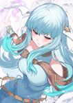  1girl aqua_hair bare_shoulders blue_dress blurry blush bracelet breasts depth_of_field dress dutch_angle fire_emblem fire_emblem:_the_blazing_blade half-closed_eyes highres jewelry light_particles long_hair looking_down manakete medium_breasts nakabayashi_zun ninian_(fire_emblem) red_eyes smile solo 
