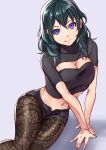  1girl absurdres arm_support bangs black_shirt black_shorts breasts brown_legwear byleth_(fire_emblem) byleth_(fire_emblem)_(female) cleavage cleavage_cutout closed_mouth clothing_cutout commentary_request covered_collarbone cowboy_shot fire_emblem fire_emblem:_three_houses green_hair hair_between_eyes highres ikasutaku large_breasts long_hair looking_at_viewer midriff navel pantyhose patterned_clothing purple_eyes shadow shirt short_shorts short_sleeves shorts sidelocks simple_background sitting smile solo yokozuwari 