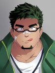  1boy :q bandaid bandaid_on_cheek bandaid_on_nose bara black-framed_eyewear black_eyes dark_skin dark_skinned_male face facial_hair goatee green_hair green_jacket highres jacket karamaru_(karamari_11) kyoichi_(live_a_hero) live_a_hero looking_at_viewer male_cleavage male_focus mature_male multicolored_hair muscular muscular_male open_clothes open_jacket portrait shirt short_hair smile solo thick_eyebrows tongue tongue_out two-tone_hair white_shirt 